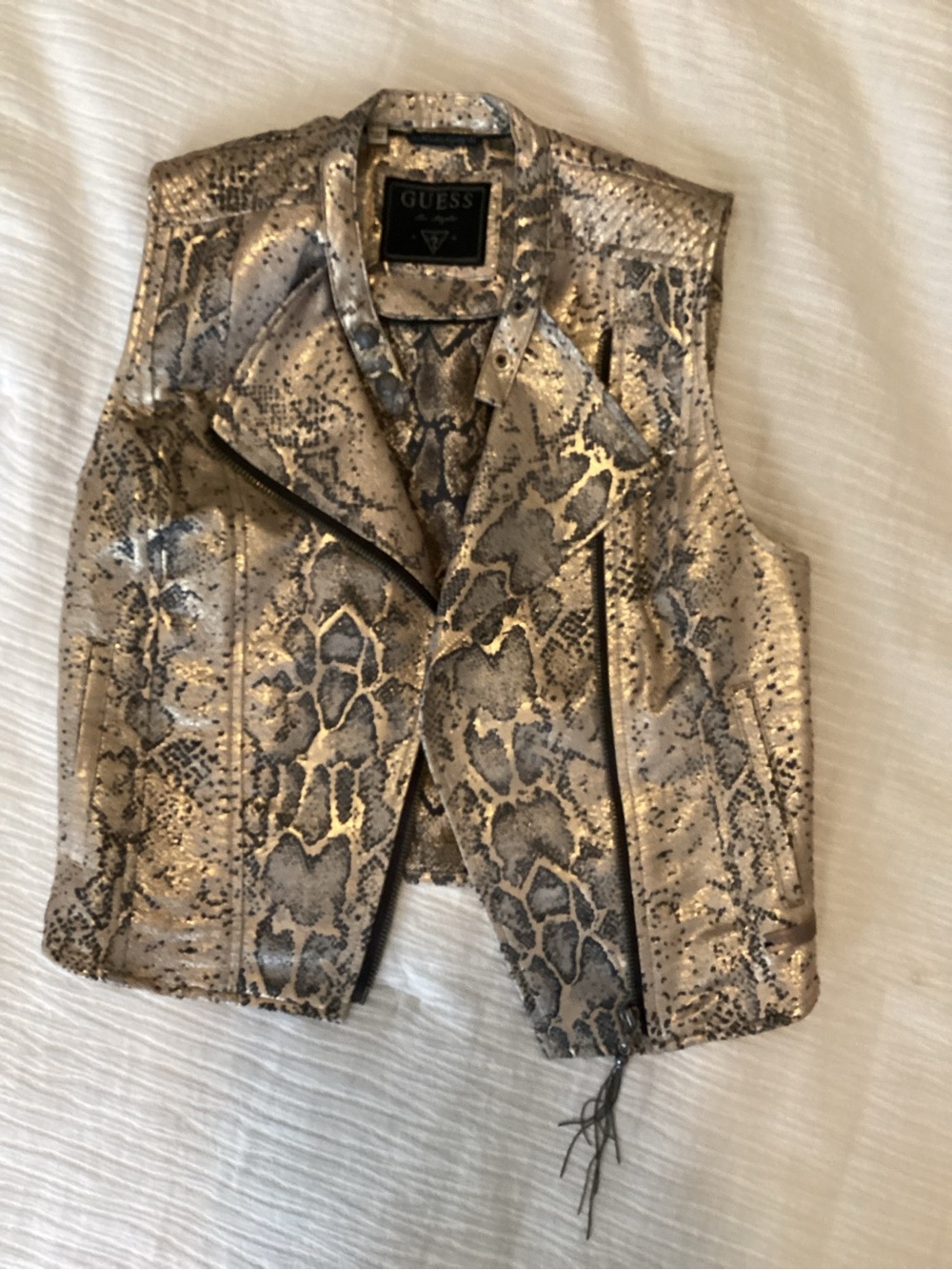 GUESS Metallic Snake-Print Moto Vest in Gold and Gray